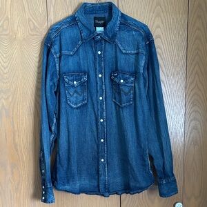 Wrangler western Dark Blue Denim Shirt snaps cowboy cut cotton mens XL